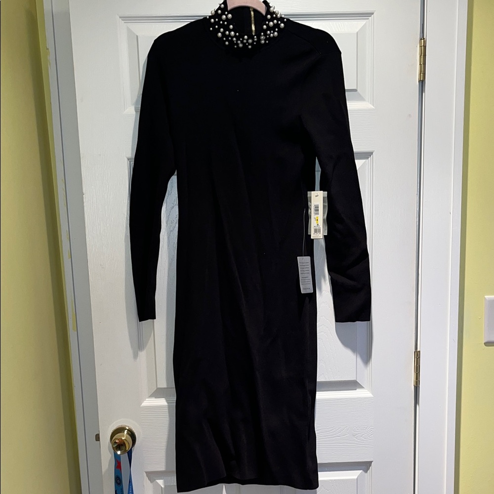 Eliza J Black Long Sleeve Sweater Dress with Pearl Collar